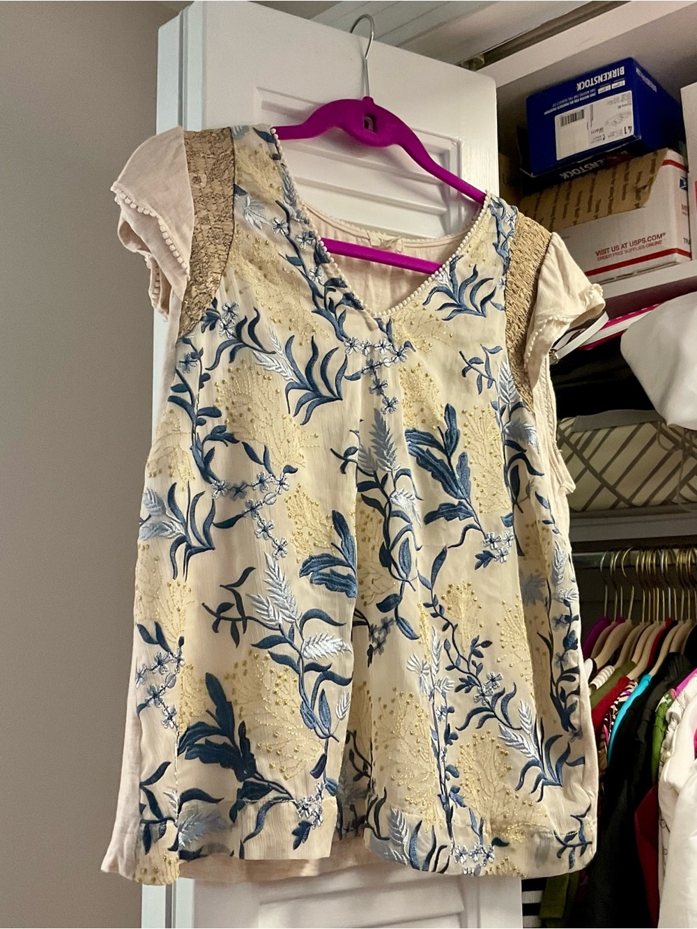 Cream floral -Blink -Anthropology shirt with shimmer stitching